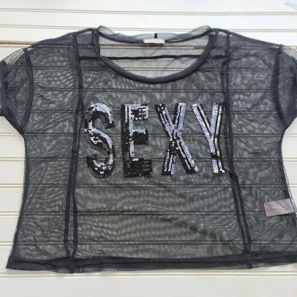 SANS SOUCI Sexy SEQUIN Black Net PARTY COCKTAIL WOMEN'S Sheer Cropped Top Sz S - Picture 2 of 12